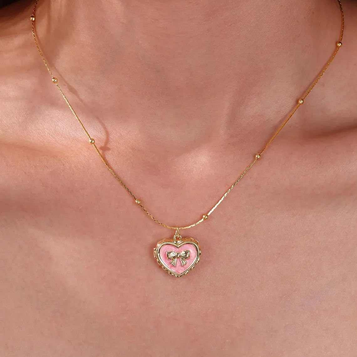 Personalized Dainty Heart Ribbon Bowtie Locket Photo Pendant Necklace