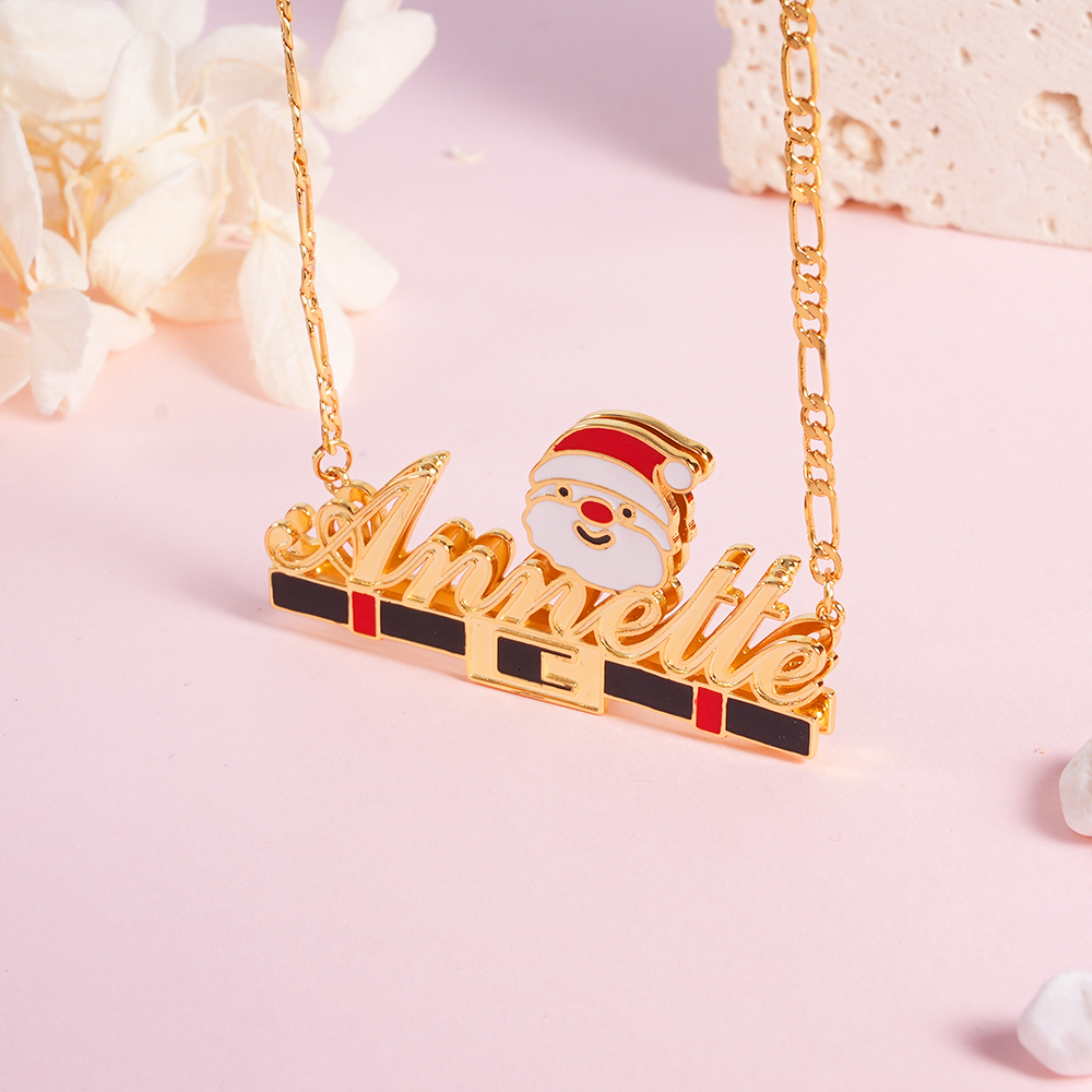 Christmas Father Gold Plated Nameplate Santa Double Layer Personalized Custom Name Necklace
