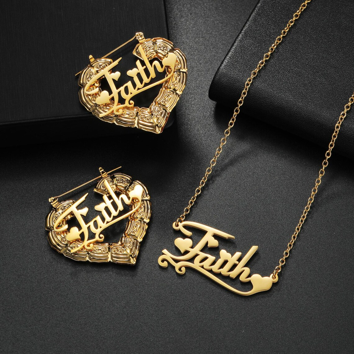 Personalized Hearts Name Necklace Heart Shaped Bamboo Earrings Set
