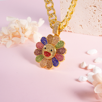 Sunflower Crystal Rotatable Iced Out Cuban Chain Hip-hop Necklace