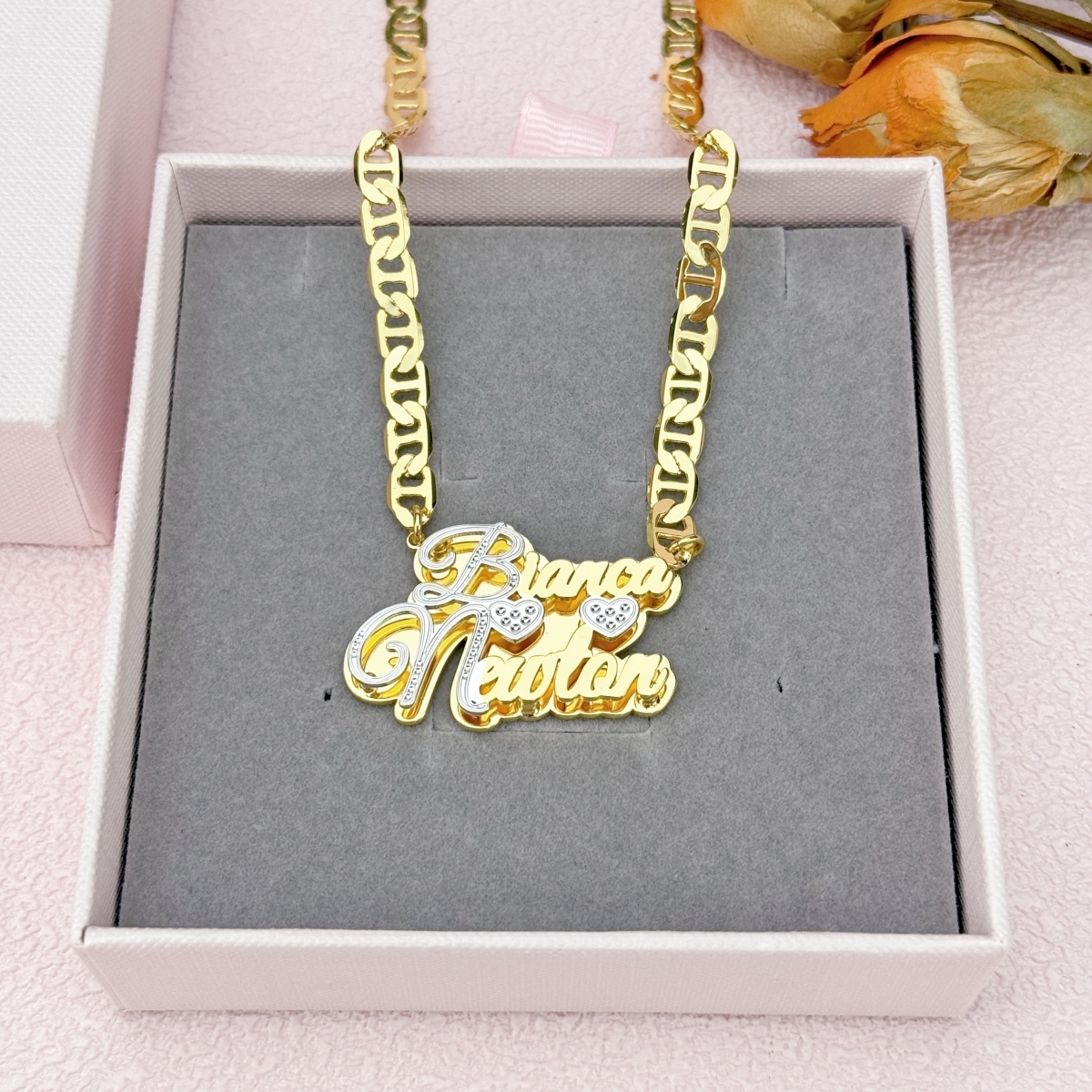 Two Hearts Two Tone Double Plate Couple Name Necklace