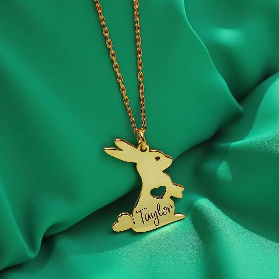 Bunny Rabbit Personalized Heart Engraved Name Necklace Easter Gift