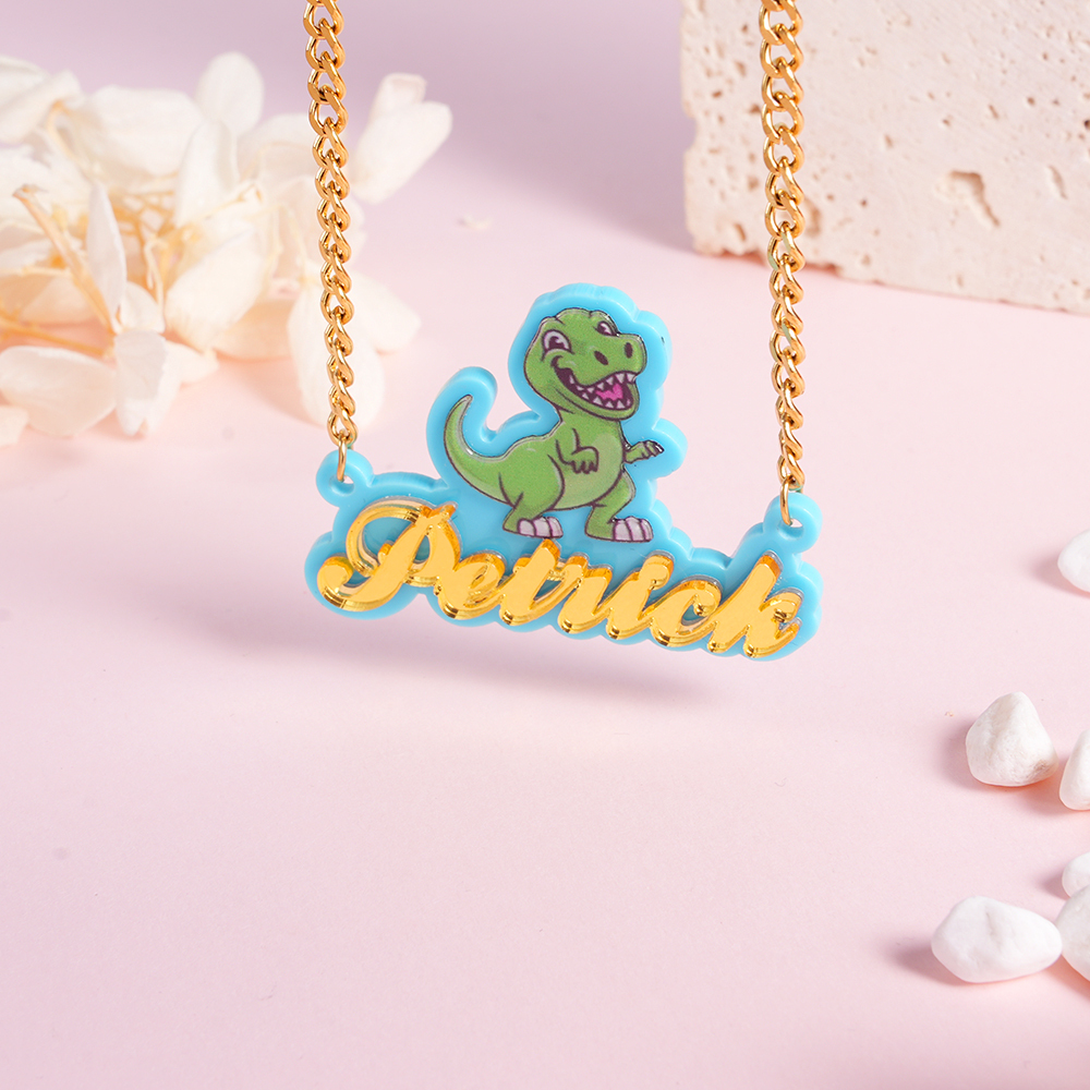 Boys Dinosaur Tyrannosaurus Acrylic Nameplate Pendant Personalized Name Necklace