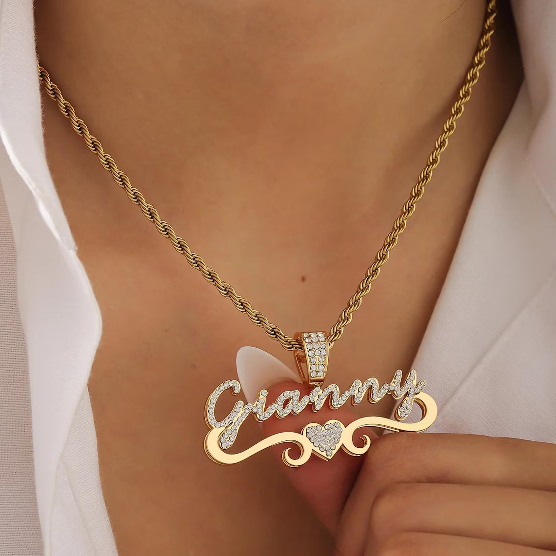 Custom Shiny Double Layer Zircon Heart Name Necklace 
