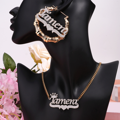 Crown Acrylic Heart Pendant Personalized Name Necklace And Name Earrings Set