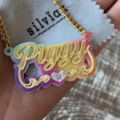 Personalized Custom Double Plate Colorful Acrylic Nameplate with Heart Gold Plated Name Necklace
