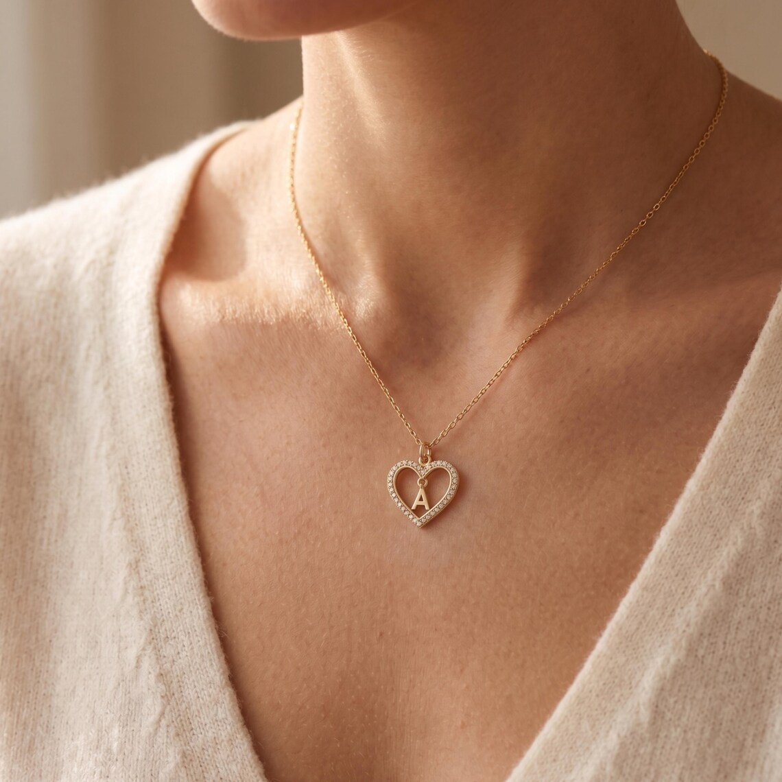 Zirconia Heart Pendant with Initial Custom Necklace Dainty Necklace