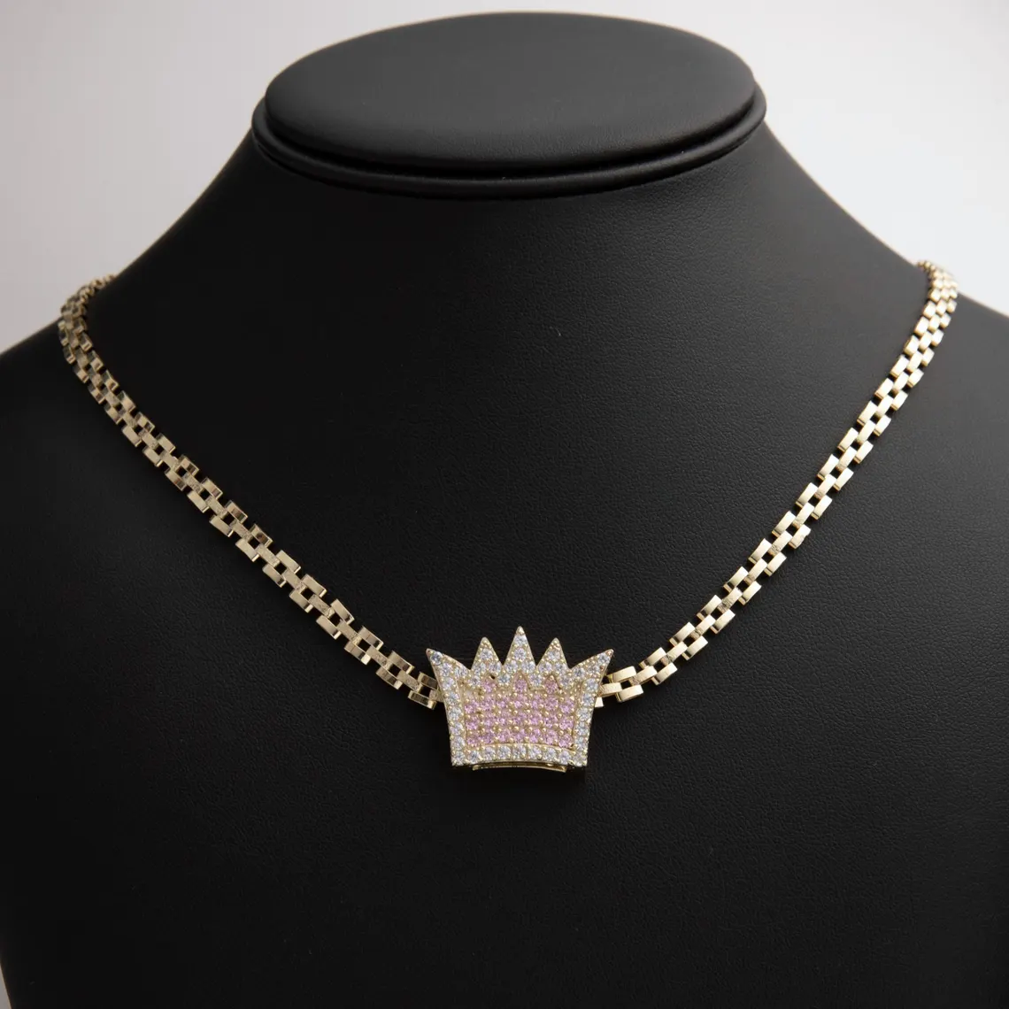 6.5mm RX Chain with Pink Zircon Crown Pendant Necklace RX Style
