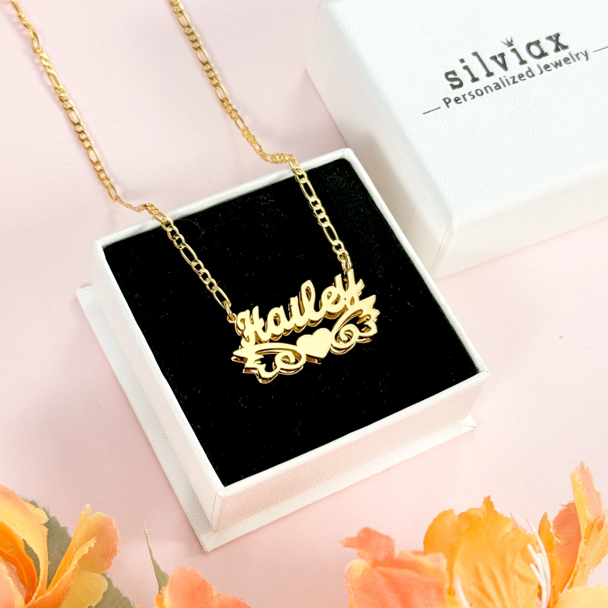 Double Plate Angle Wings Heart Name Necklace Personalized Necklace