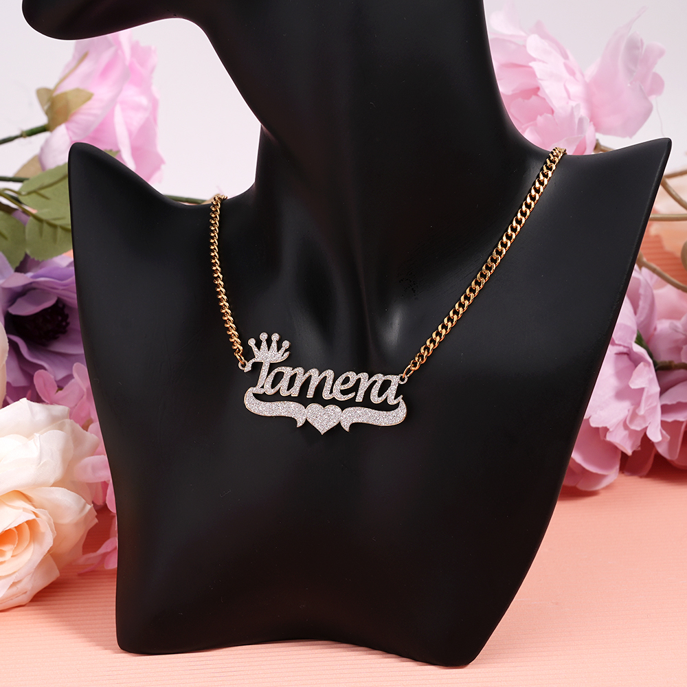 Crown Heart Nameplate Personalized Bling Name Necklace 