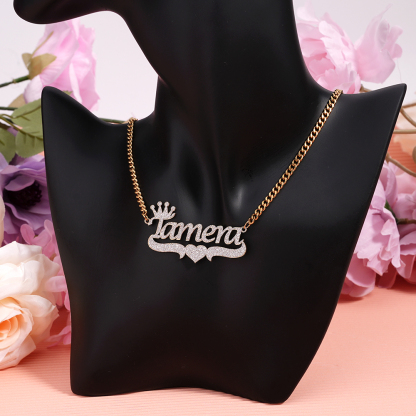 Crown Heart Nameplate Personalized Bling Name Necklace 