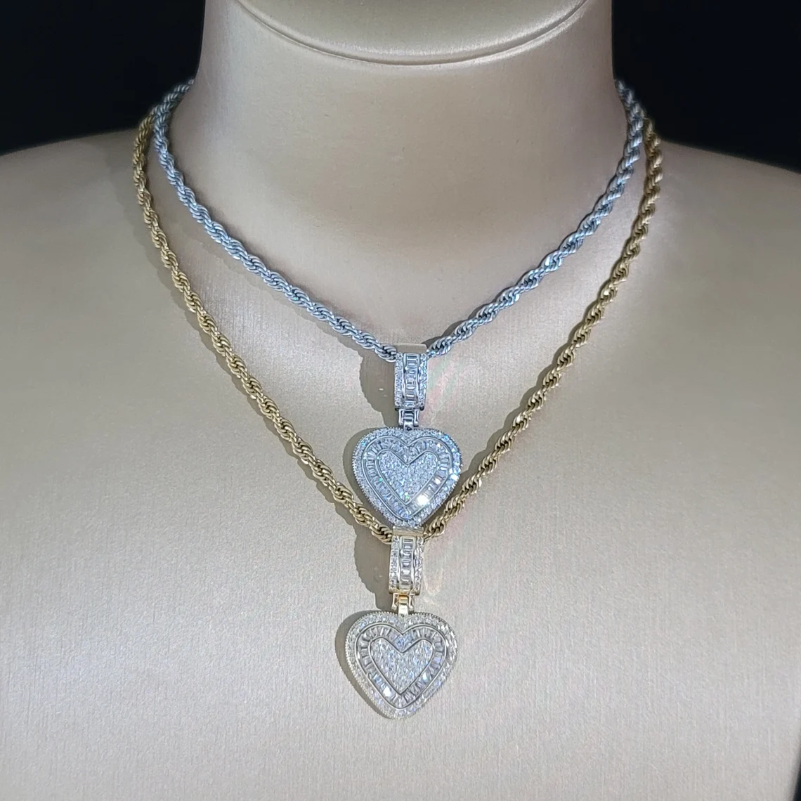 Rope Chain Iced Out Mini Baguette Heart Pendant Necklace