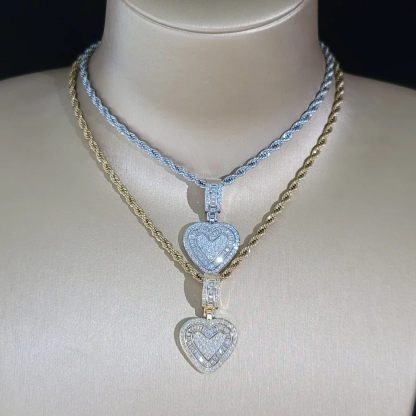 Rope Chain Iced Out Mini Baguette Heart Pendant Necklace