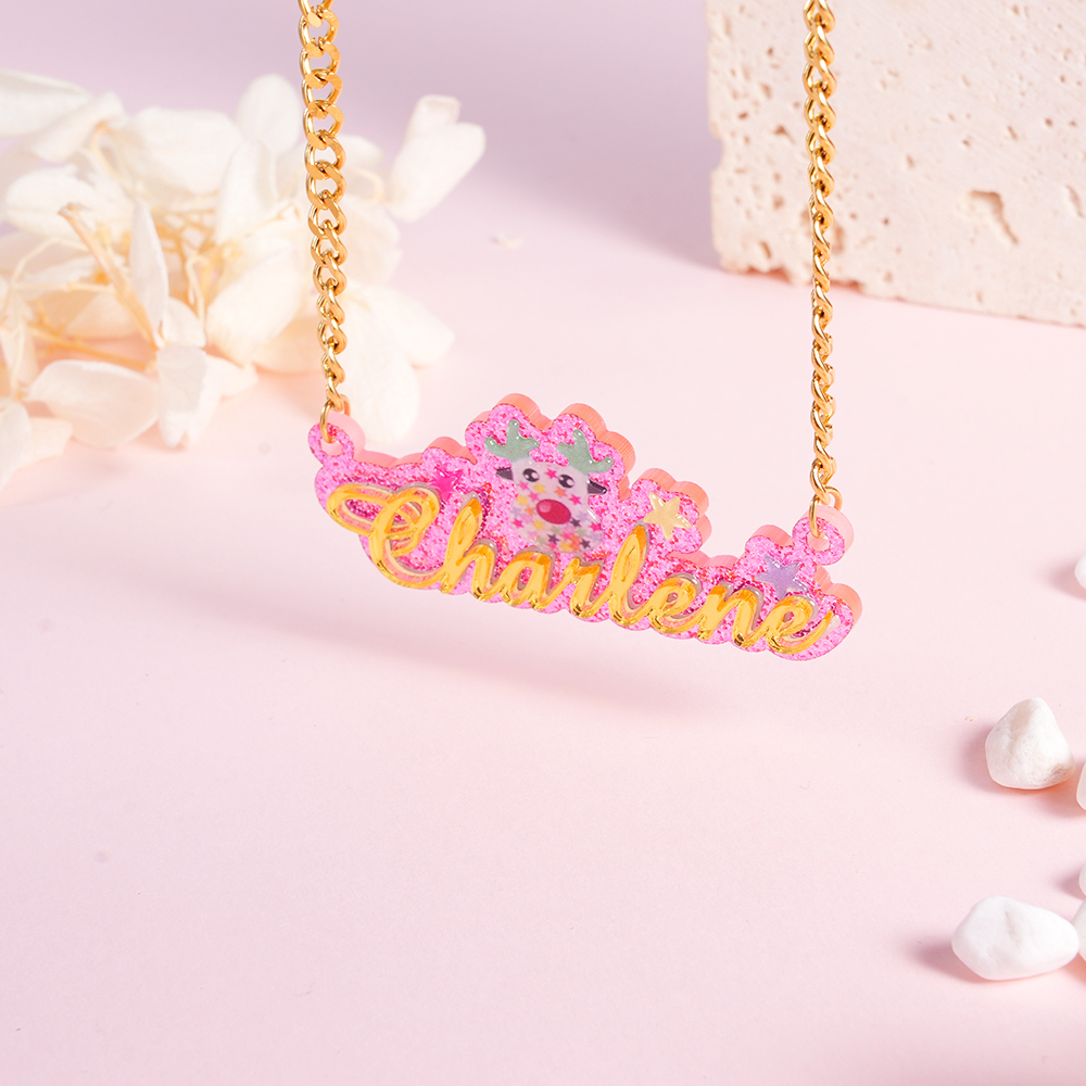 Personalized Acrylic Cuban Chain Cartoon Elk Name Necklace 