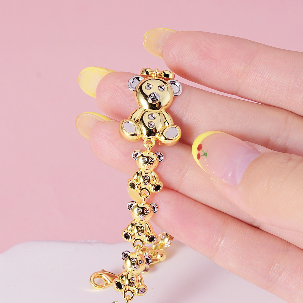 Two Tone Teddy Bear Link Chain Bracelet Gold Plated