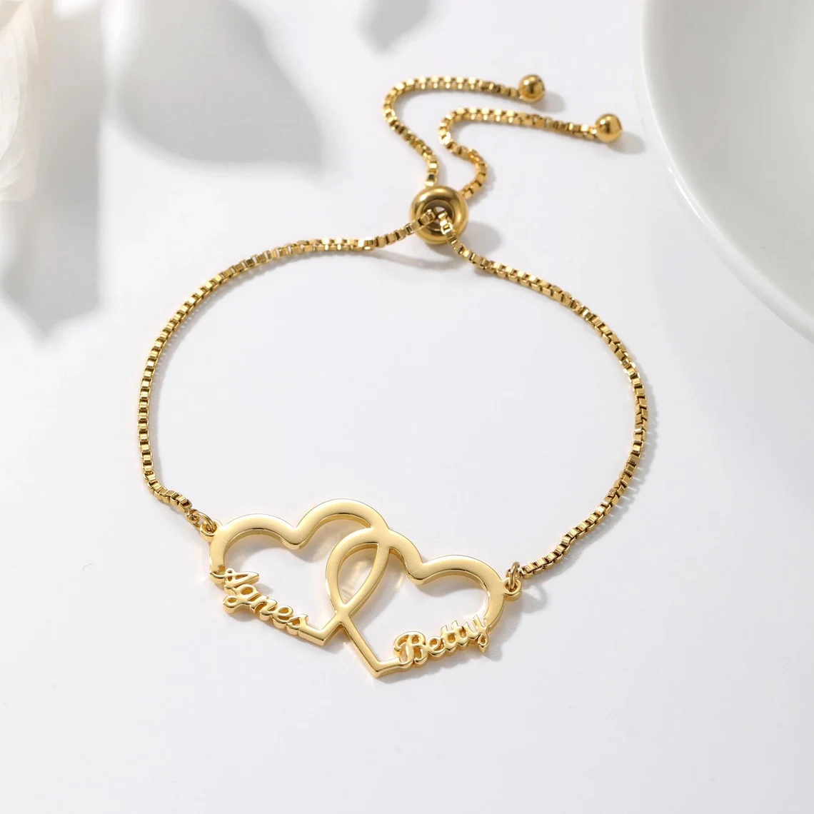 Personalized Couple Names Two Hearts Name Bracelet