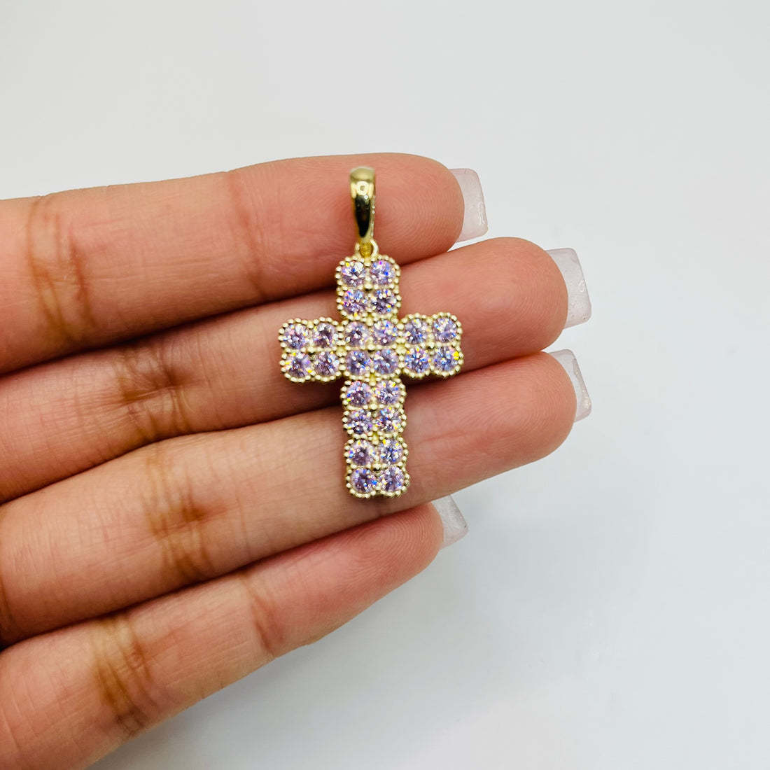 Gold Plated Pink CZ Clover Cross Necklace