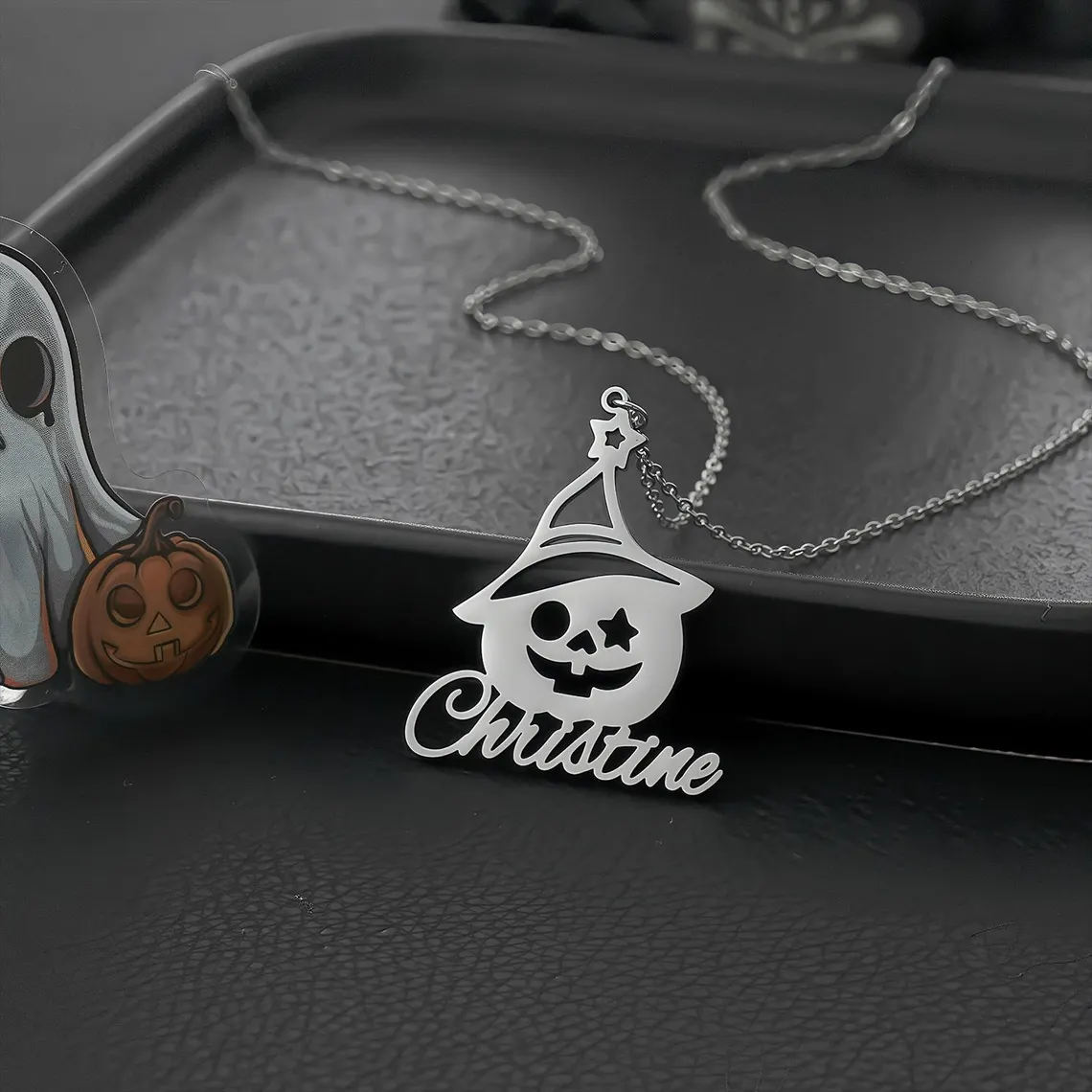 Personalized Halloween Gold Pumpkin Charm Name Necklace