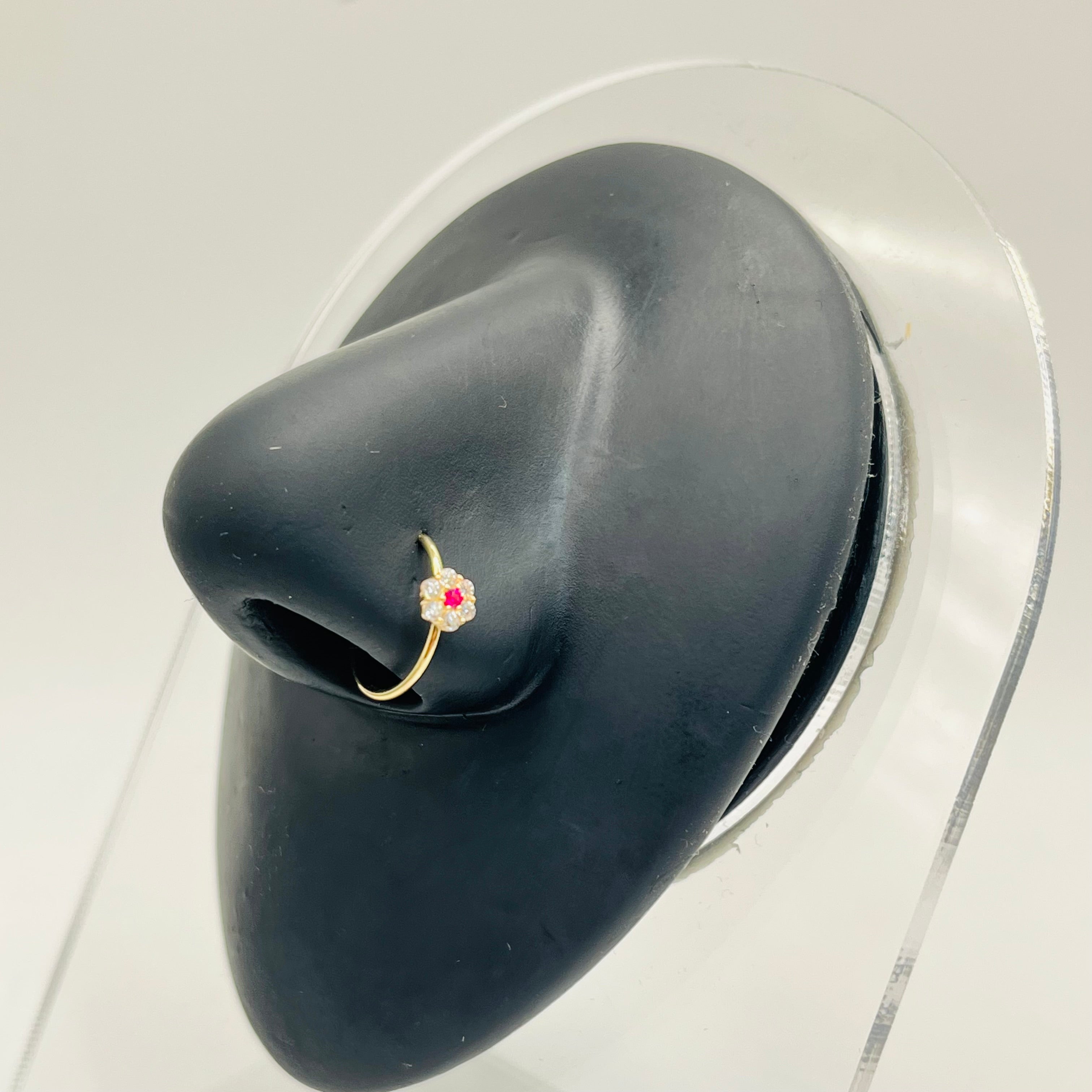 Gold Plated CZ White Flower with Ruby Nose Ring Hoop