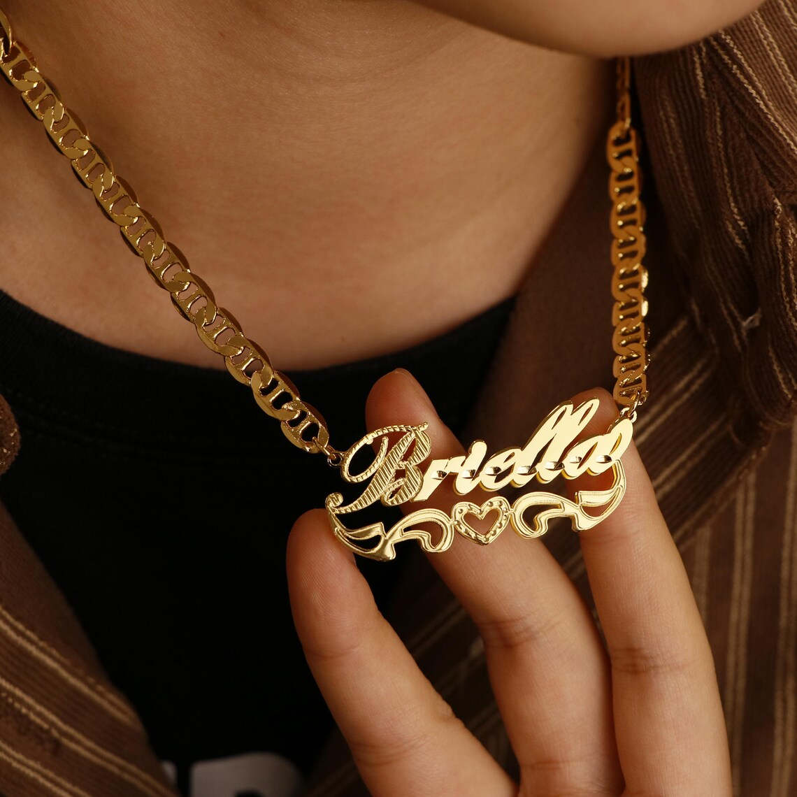 Custom Double Layer Heart Name Necklace Mariner Chian