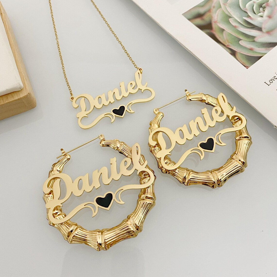 Gold Plated Enamel Heart Nameplate Necklace and Bamboo Earrings Jewelry Set