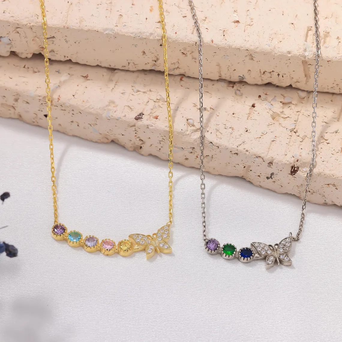 Personalized Butterfly 1 to5 Multi-birthstone Necklace Family Necklace