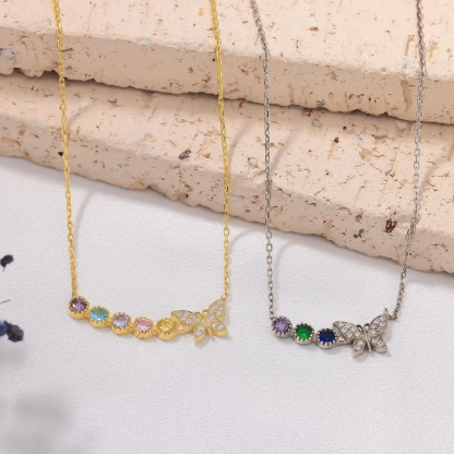 Personalized Butterfly 1 to5 Multi-birthstone Necklace Family Necklace