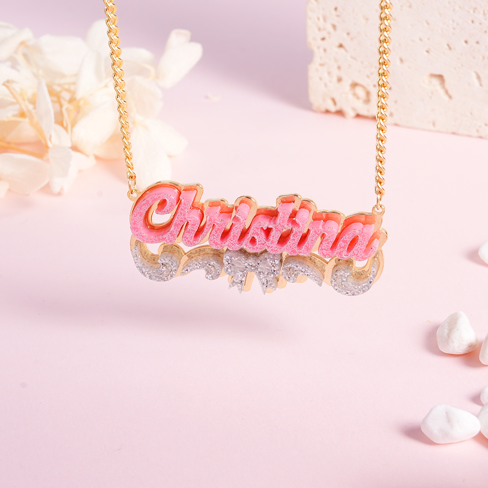 Girls Bowknot Pink Acrylic Personalized Name Necklace with Heart