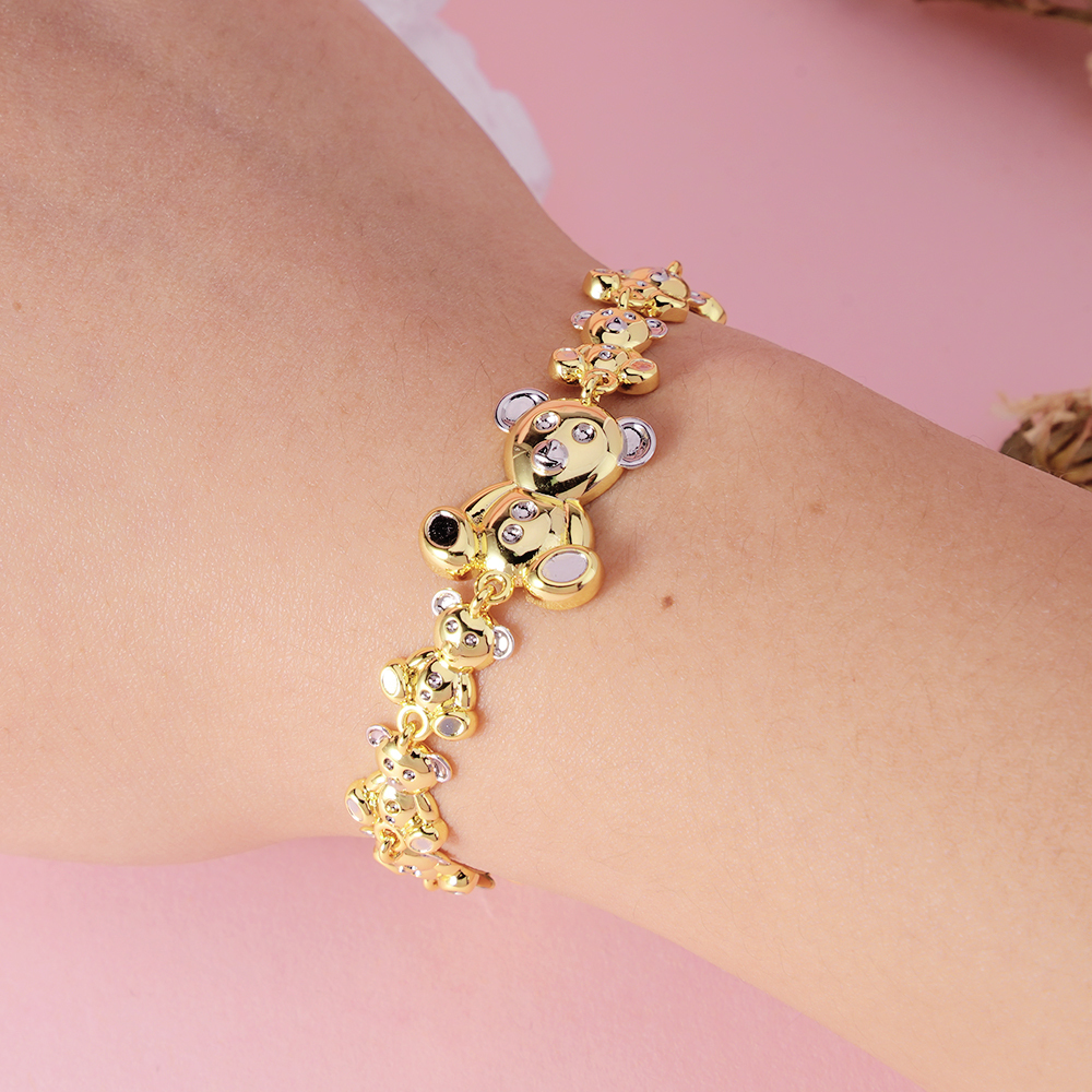 Two Tone Teddy Bear Link Chain Bracelet Gold Plated