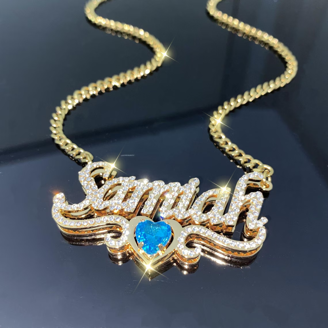 Shiny Heart Birthstone Double Layer Zircon Name Necklace Birthday Gift