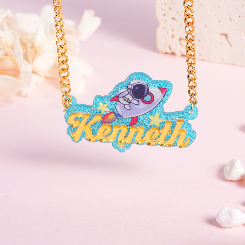 Acrylic Astronaut Rocket Pendant Personalized Name Necklace
