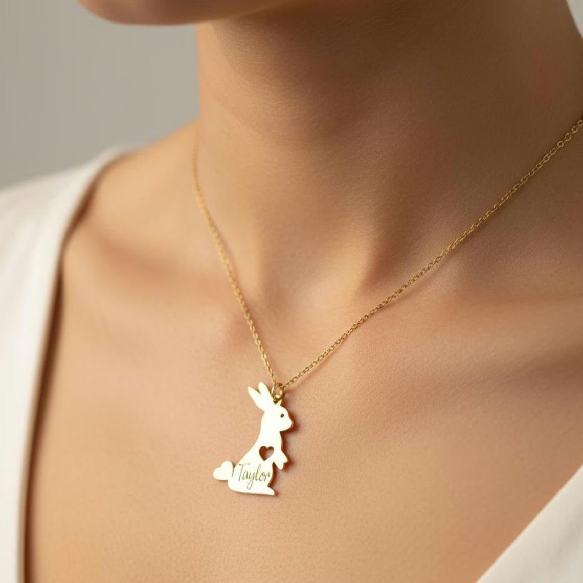 Bunny Rabbit Personalized Heart Engraved Name Necklace Easter Gift