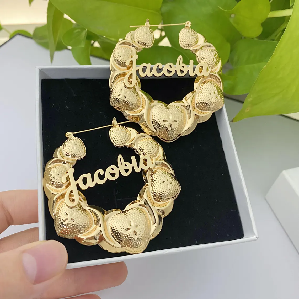 Custom Large Heart Xo Bamboo Name Earrings Gold Plated