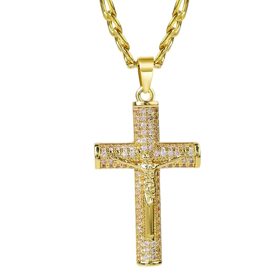 Zirconia Jesus Cross Pendant Necklace Gold Plated