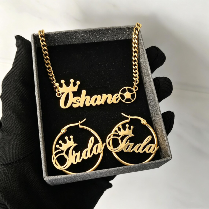Personalized Crown and Soccer Football Name Necklace Earrings Jewelry Set