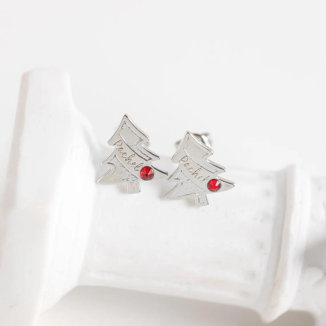Christmas Tree Personalized Nameplate with Birthstone Stud Earrings