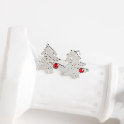 Christmas Tree Personalized Nameplate with Birthstone Stud Earrings