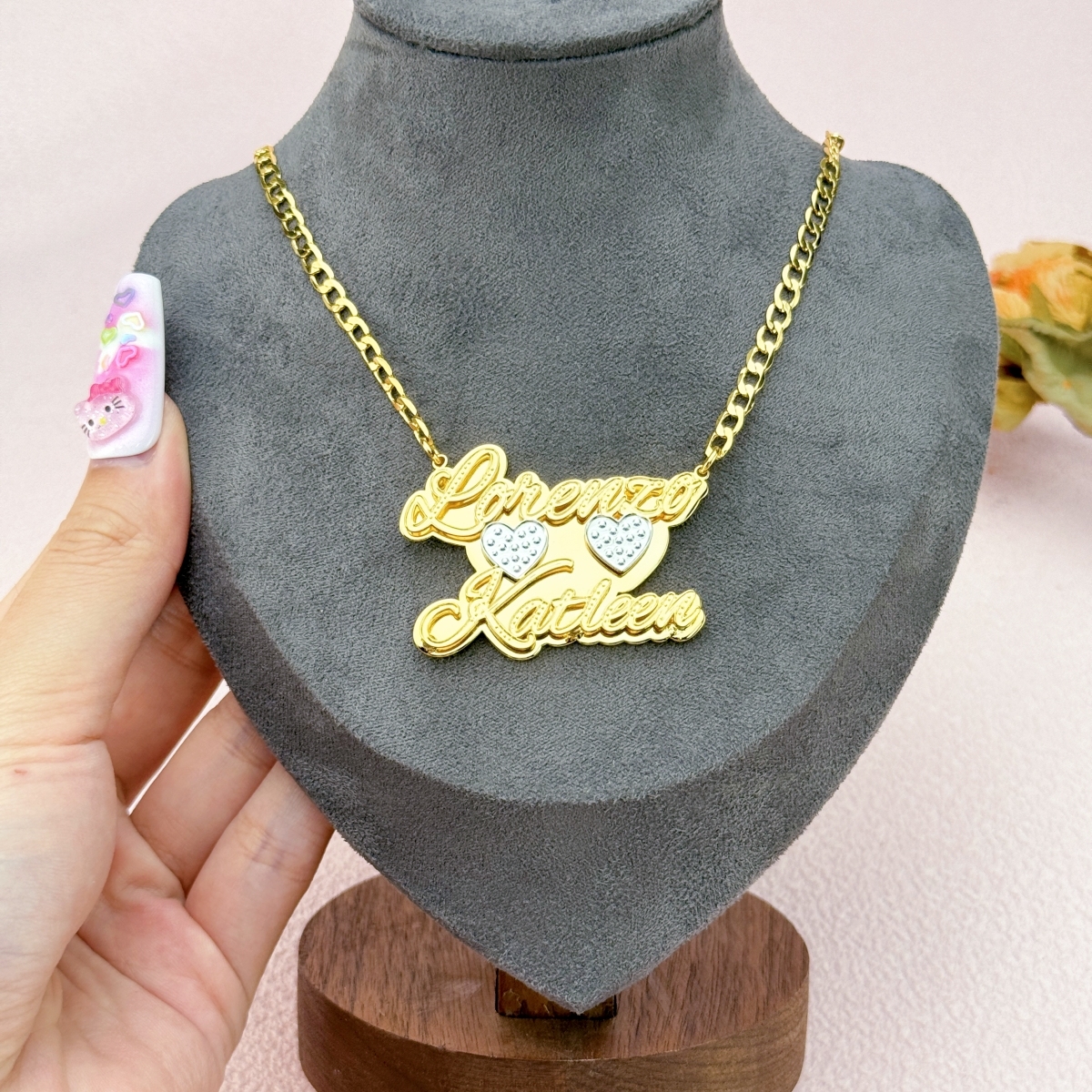 Double Plate Two Tone with Two Hearts Personalized Custom Gold Plated Two Names Necklace