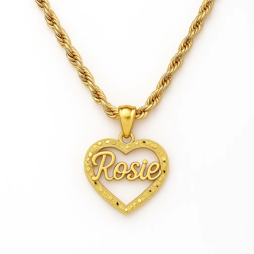 Nugget Style Hollow Heart Charm Necklace Personalized Name Necklace
