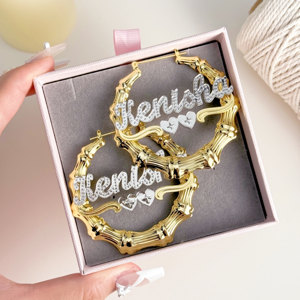 Personalized Two Tone Heart Name Bamboo Earrings