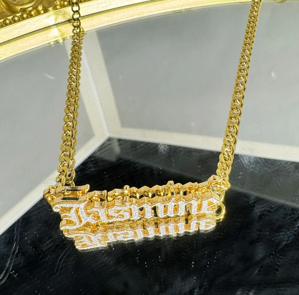 Personalized Shiny Bling Double Plate Old English Font Name Necklace