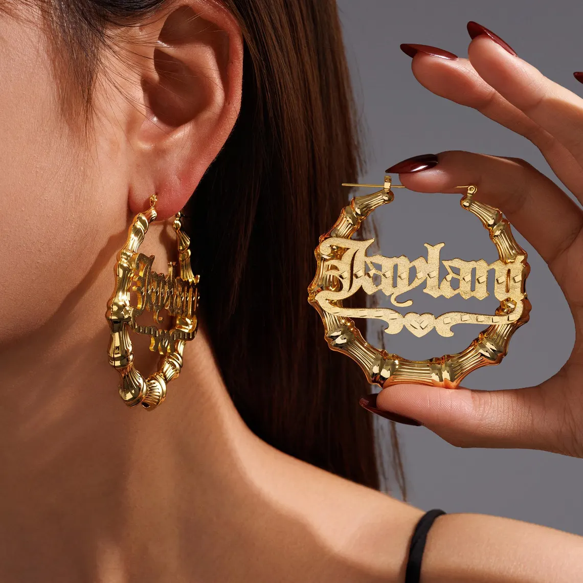 Custom Old English Name with Heart Bamboo Earrings