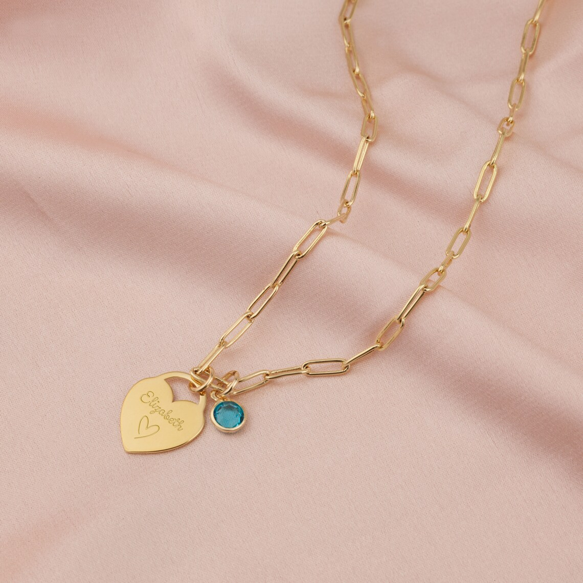 Paperclip Chain Heart Locket Engraved Name Necklace with Birthstone