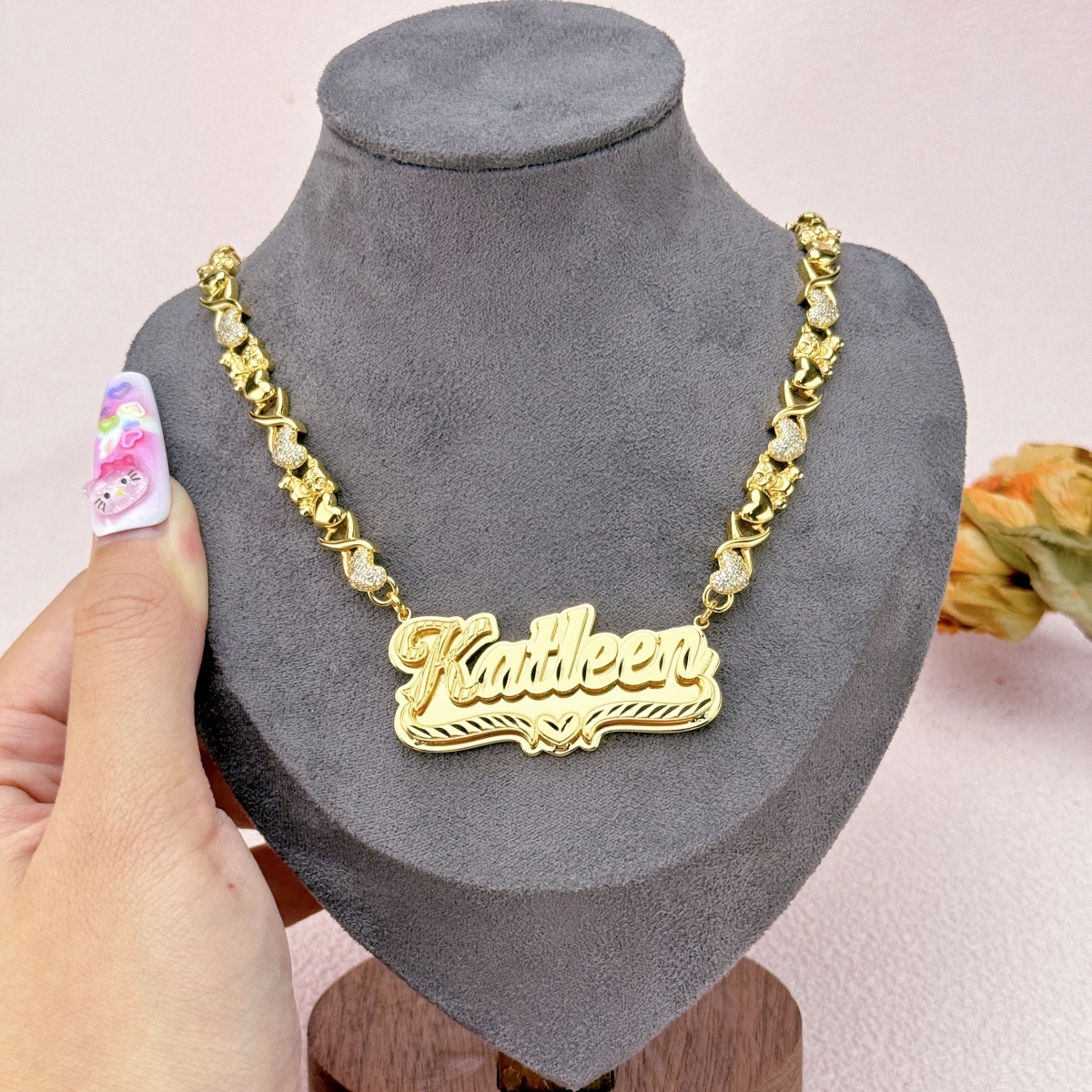 Teddy XOXO Chain Custom Double Layer Heart Nameplate Necklace