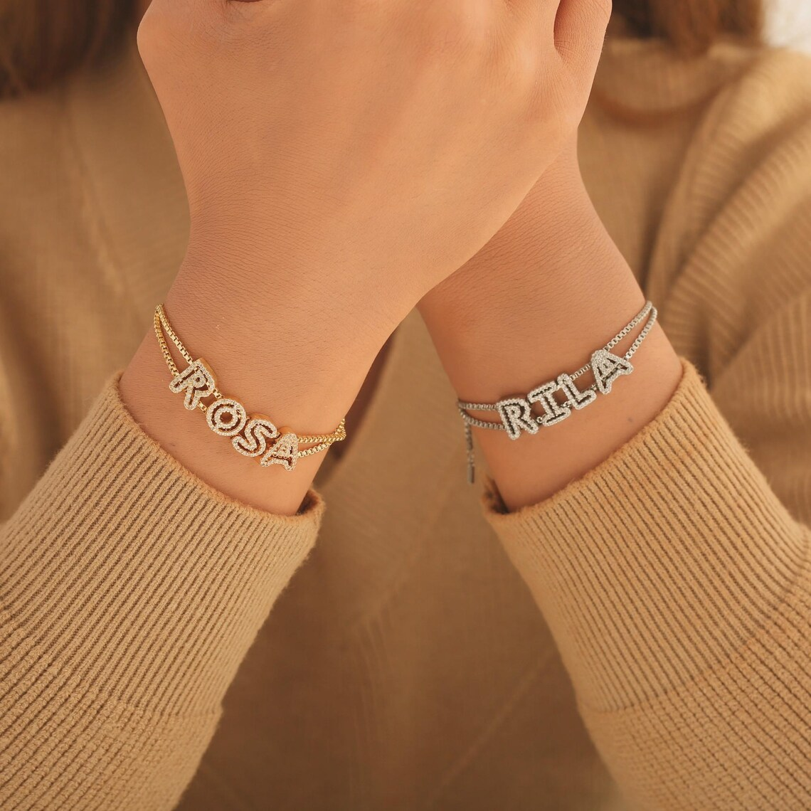 Custom Shiny Hollow Letter Diamond Cut Name Bracelet Box Chain