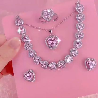 Pink Heart Zircon White Gold Necklace Bracelet Ring and Earrings Four Piece Valentines Jewelry
