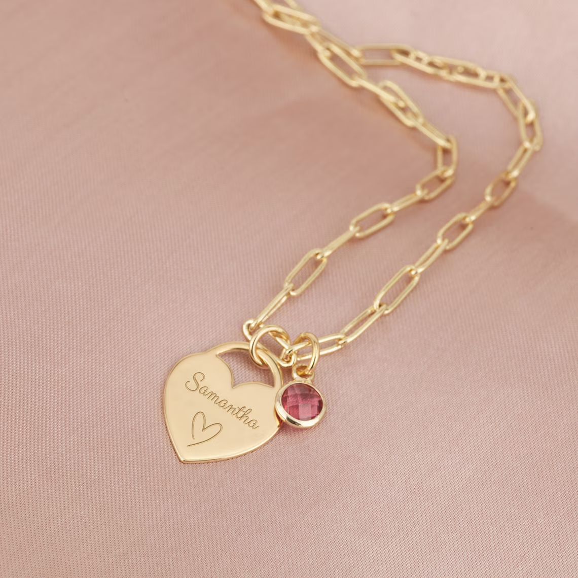 Paperclip Chain Heart Locket Engraved Name Necklace with Birthstone