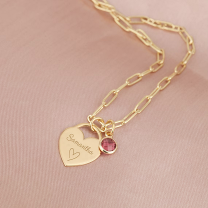 Paperclip Chain Heart Locket Engraved Name Necklace with Birthstone