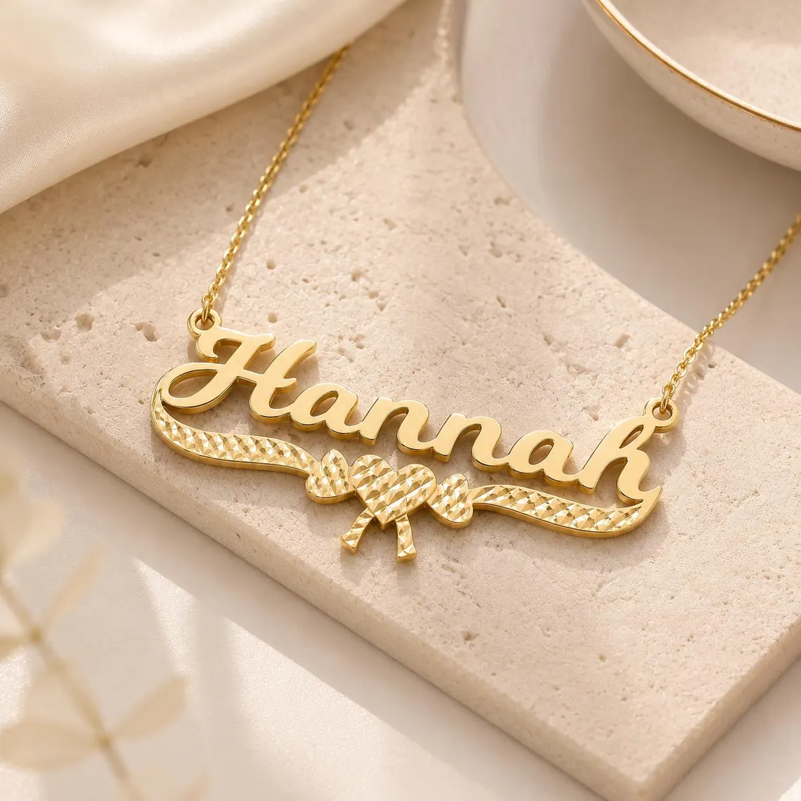 Personalized Diamond Cut Heart Ribbon Nameplate Necklace