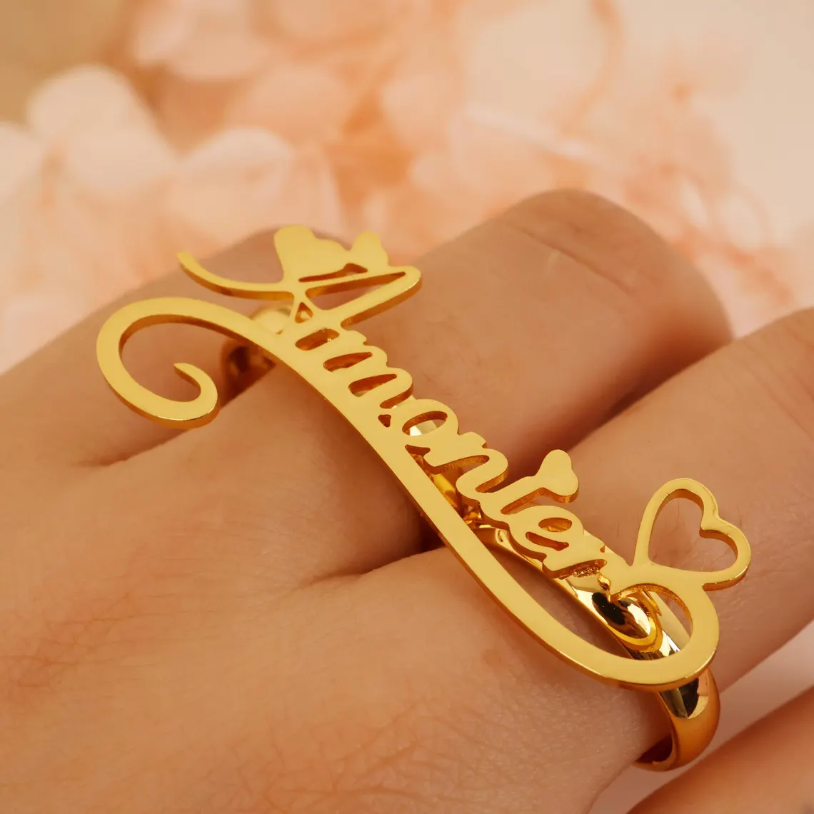 Love Heart Custom Nameplate Two Fingers Ring